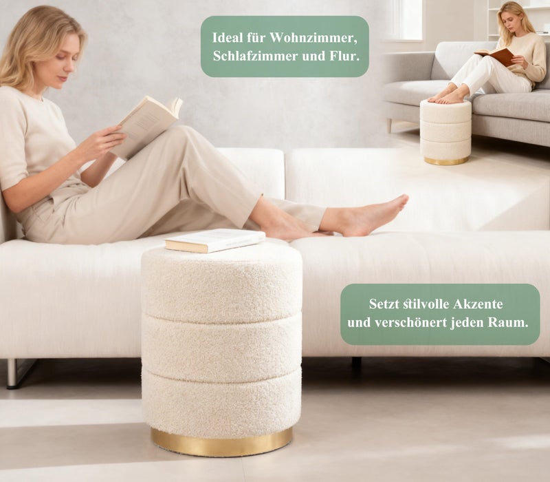Zedelmaier Teddy Fabric Ottoman Stool Round for Dressing Table, Footstool with Seat Cushion, Pouf, Ottoman, for Living Room, Bedroom & Hallway, φ38 x 45 cm, White - Image 3
