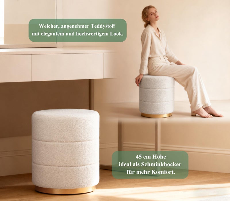 Zedelmaier Teddy Fabric Ottoman Stool Round for Dressing Table, Footstool with Seat Cushion, Pouf, Ottoman, for Living Room, Bedroom & Hallway, φ38 x 45 cm, White - Image 2