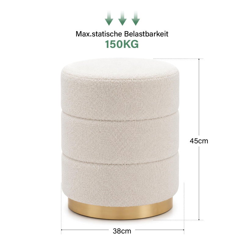 Zedelmaier Teddy Fabric Ottoman Stool Round for Dressing Table, Footstool with Seat Cushion, Pouf, Ottoman, for Living Room, Bedroom & Hallway, φ38 x 45 cm, White - Image 1