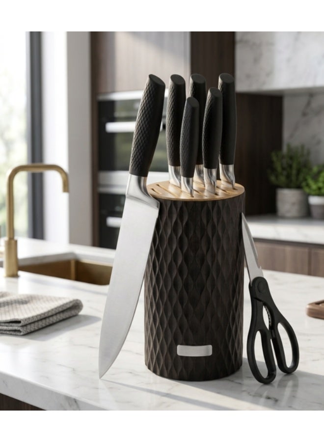 KUNSION 6-Piece Kitchen Knife Block Set with Kitchen Shears & Universal Slotted Block – German Stainless Steel Chef Knife Set, Ergonomic Non-Slip Handles, Black Carved Wooden Knife Holder - Image 2