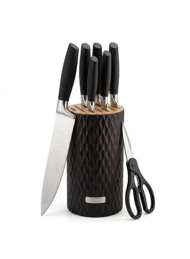 KUNSION 6-Piece Kitchen Knife Block Set with Kitchen Shears & Universal Slotted Block – German Stainless Steel Chef Knife Set, Ergonomic Non-Slip Handles, Black Carved Wooden Knife Holder - Image 1