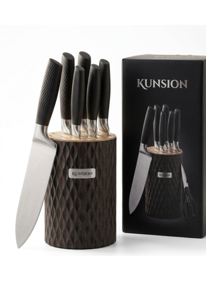 KUNSION 6-Piece Kitchen Knife Block Set with Kitchen Shears & Universal Slotted Block – German Stainless Steel Chef Knife Set, Ergonomic Non-Slip Handles, Black Carved Wooden Knife Holder - Image 4