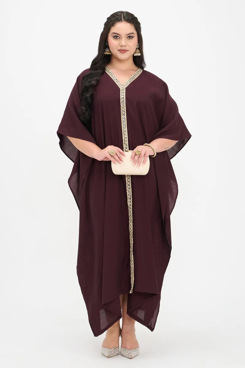 فيرجيو Solid Viscose Kaftan Maxi Plus Size Dress With Lace for Women