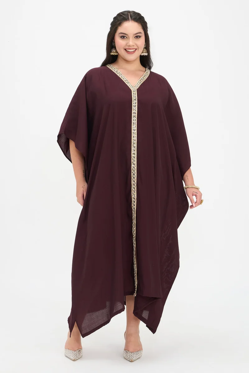 فيرجيو Solid Viscose Kaftan Maxi Plus Size Dress With Lace for Women