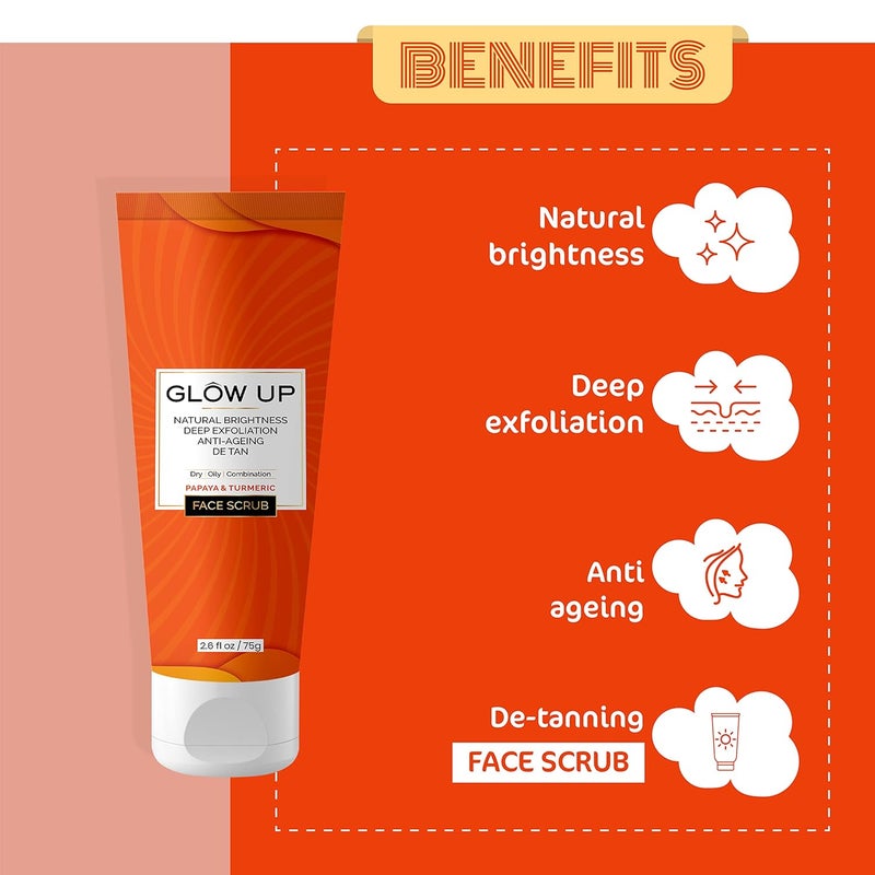 Glow Up Papaya Turmeric Face Scrub For Natural Beauty Detan Antiaging For Dry Oily Combination skin 75g - Image 3