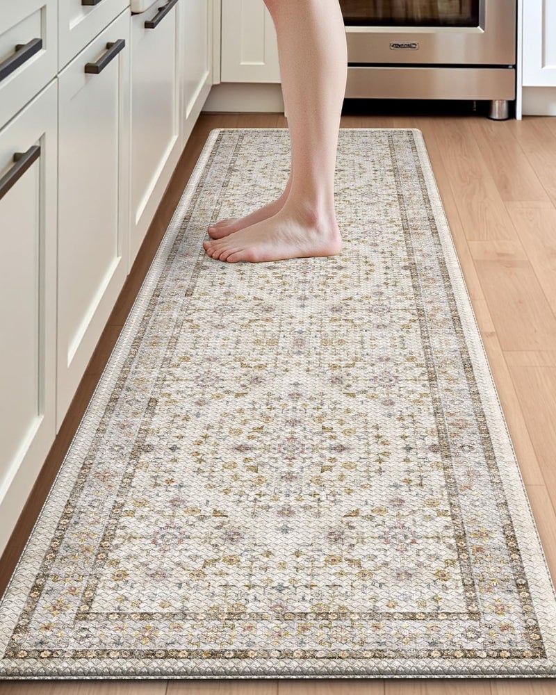 DEXI Kitchen Floor Mats Cushioned Anti Fatigue, 23x86 Long Wide Standing Comfort Runner Rug, Waterproof Retro Floral Memory Foam Padded for Front Sink Laundry, Beige/Ivory - Image 1