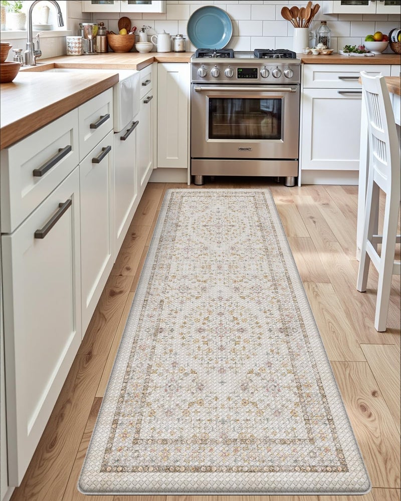 DEXI Kitchen Floor Mats Cushioned Anti Fatigue, 23x86 Long Wide Standing Comfort Runner Rug, Waterproof Retro Floral Memory Foam Padded for Front Sink Laundry, Beige/Ivory - Image 5