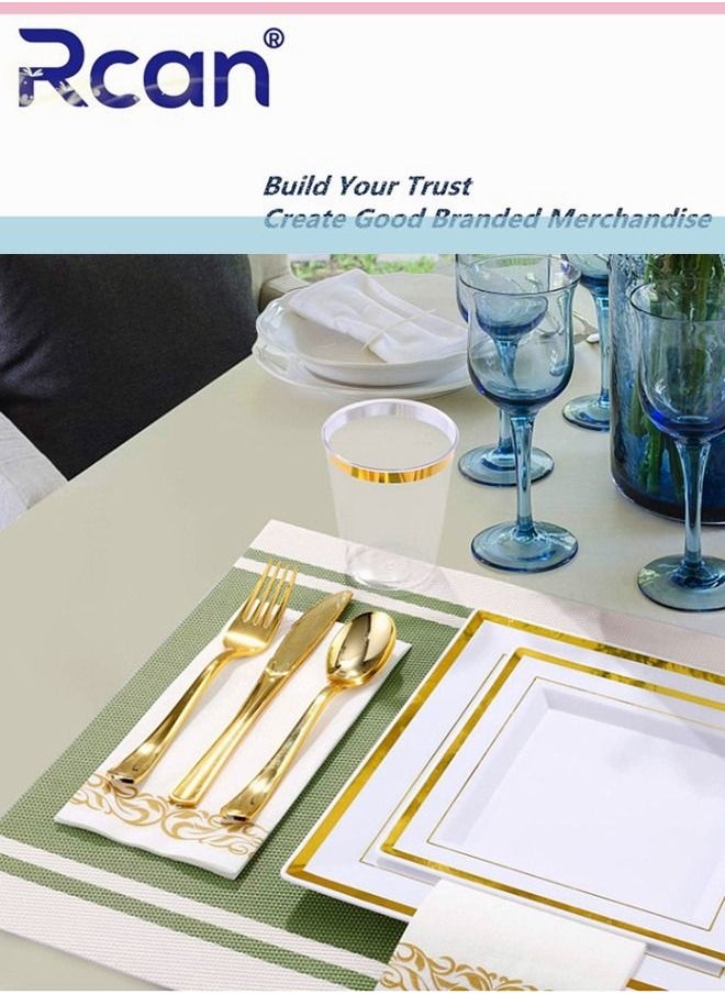 Rcan 175 Pcs/set Gold Upscale Wedding Dining Party Disposable Plastic Cutlery Set, Party Supplies Square Plate, Spoon, Fork, Knife, Cup, Napkins, Party Tableware (25 Guest)  - Image 2