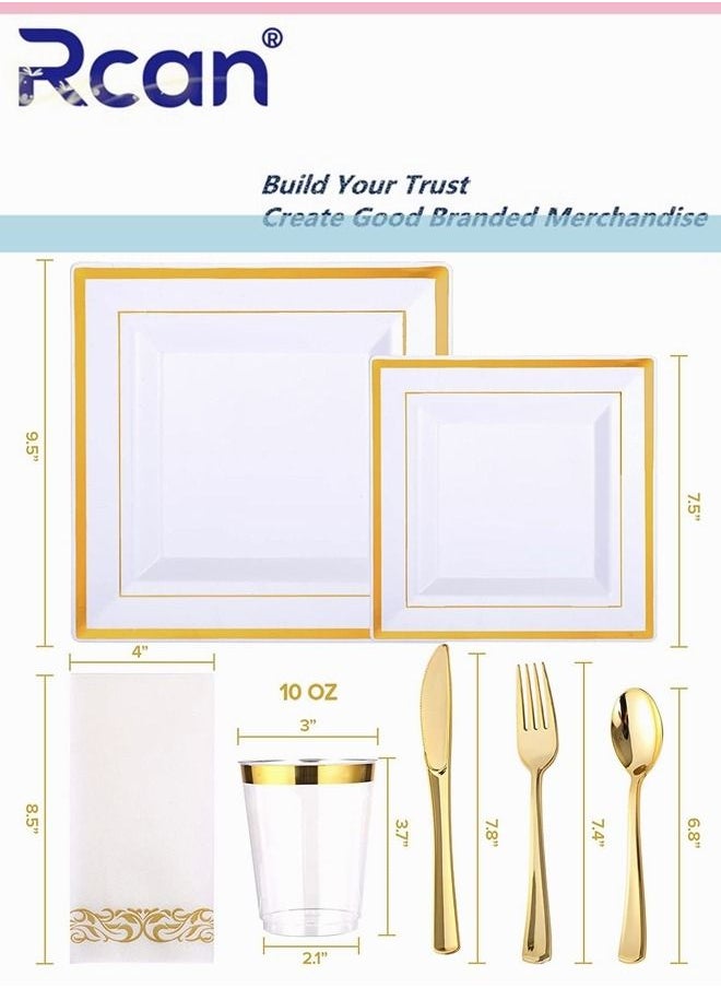 Rcan 175 Pcs/set Gold Upscale Wedding Dining Party Disposable Plastic Cutlery Set, Party Supplies Square Plate, Spoon, Fork, Knife, Cup, Napkins, Party Tableware (25 Guest)  - Image 4