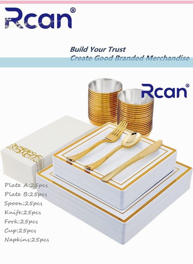 Rcan 175 Pcs/set Gold Upscale Wedding Dining Party Disposable Plastic Cutlery Set, Party Supplies Square Plate, Spoon, Fork, Knife, Cup, Napkins, Party Tableware (25 Guest)  - Image 1