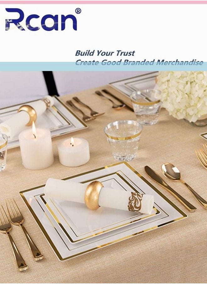 Rcan 175 Pcs/set Gold Upscale Wedding Dining Party Disposable Plastic Cutlery Set, Party Supplies Square Plate, Spoon, Fork, Knife, Cup, Napkins, Party Tableware (25 Guest)  - Image 5