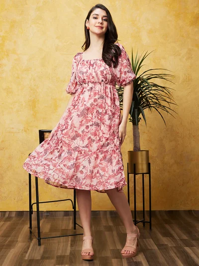 globus Women Floral Printed Smocked Fit & Flare Midi Dress