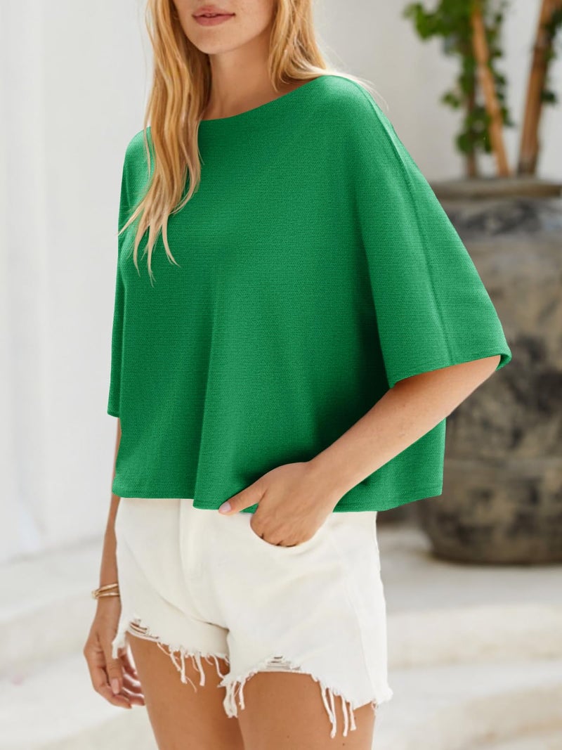 Cicy Bell Womens Half Sleeve Sweaters Oversized Boat Neck Knitted Pullover Sweater Trendy Casual Loose Fit Fall Tops Green - Image 5