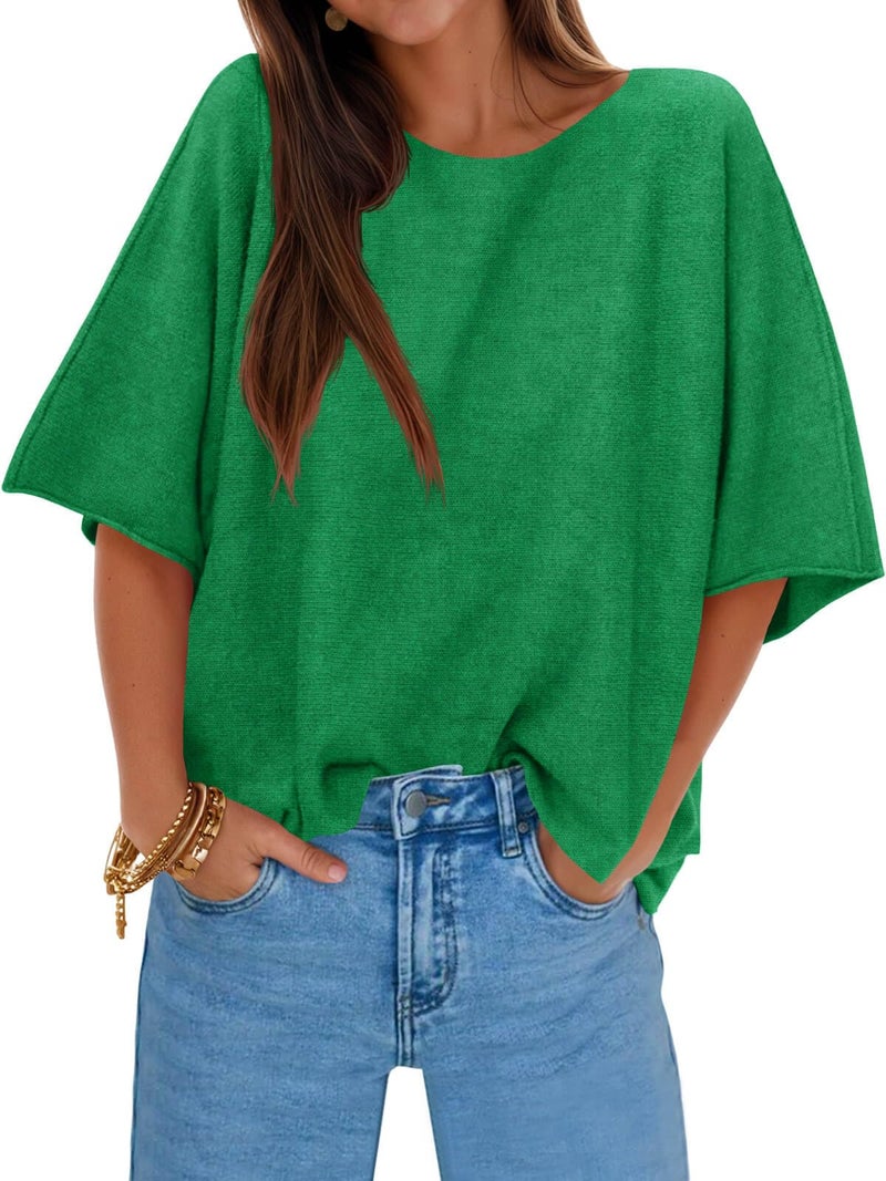 Cicy Bell Womens Half Sleeve Sweaters Oversized Boat Neck Knitted Pullover Sweater Trendy Casual Loose Fit Fall Tops Green - Image 1