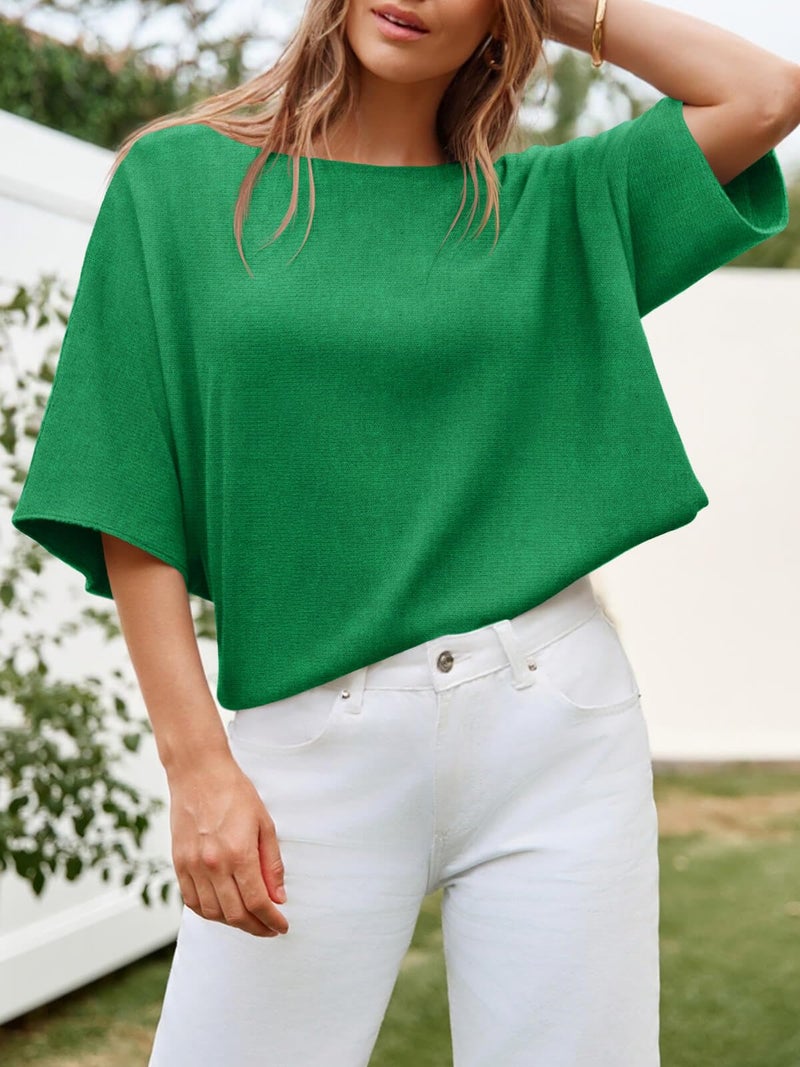 Cicy Bell Womens Half Sleeve Sweaters Oversized Boat Neck Knitted Pullover Sweater Trendy Casual Loose Fit Fall Tops Green - Image 3