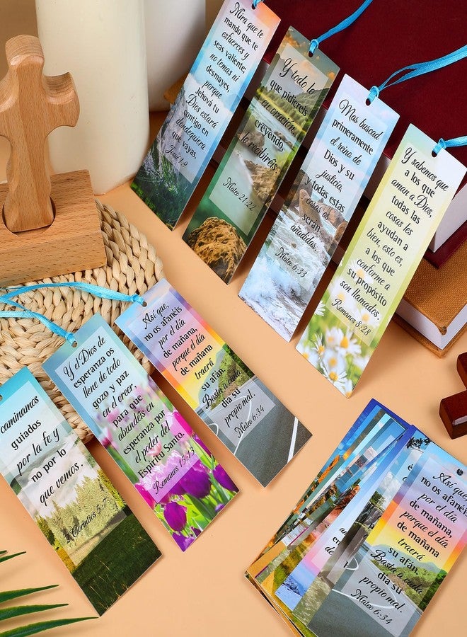Yaomiao 128 Pcs Spanish Bible Verse Bookmarks Natural Scenery Landscape Christian Scripture Bookmark with Ribbon Inspirational Book Page Markers for Book Lovers Church Prayer Religious Gifts - Image 3