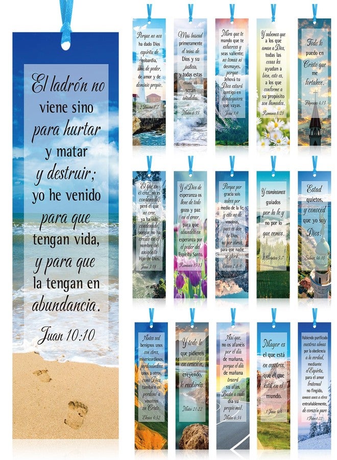 Yaomiao 128 Pcs Spanish Bible Verse Bookmarks Natural Scenery Landscape Christian Scripture Bookmark with Ribbon Inspirational Book Page Markers for Book Lovers Church Prayer Religious Gifts - Image 1