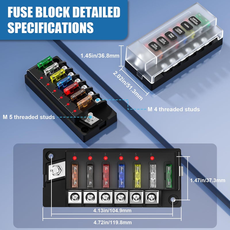 Siapupy 12V/24V 6-Circuit Waterproof Marine Fuse Box with LED Indicator, ATO Blade Fuse Block for Automotive, Marine, Truck, Car, Boat, RV - Image 2