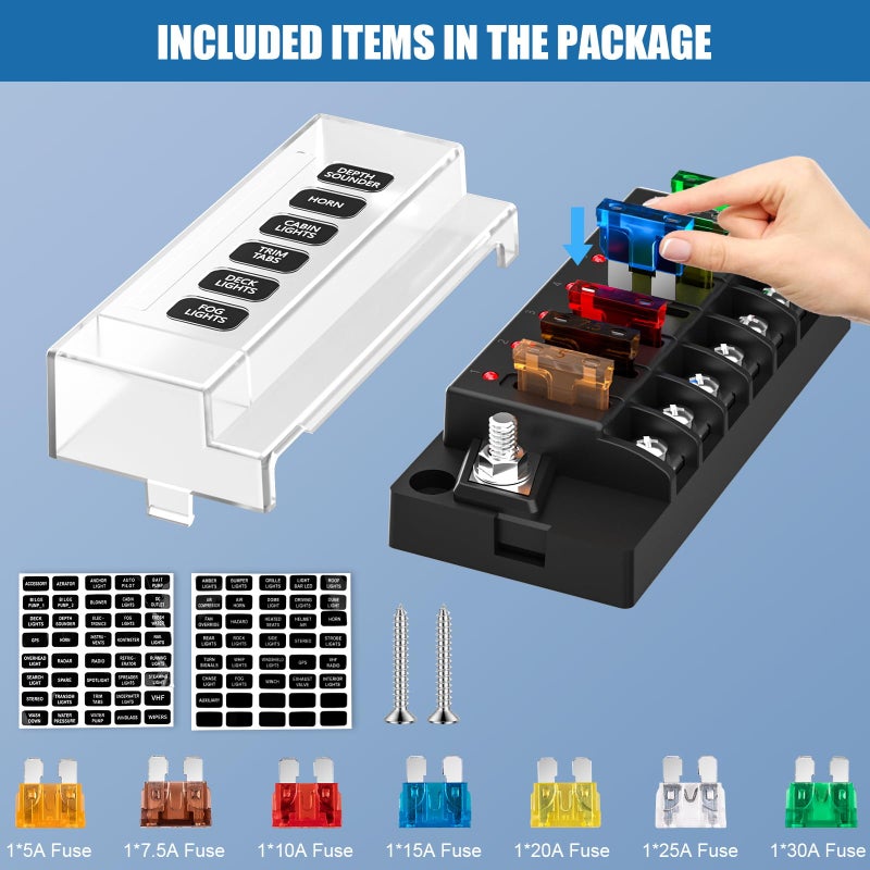 Siapupy 12V/24V 6-Circuit Waterproof Marine Fuse Box with LED Indicator, ATO Blade Fuse Block for Automotive, Marine, Truck, Car, Boat, RV - Image 3