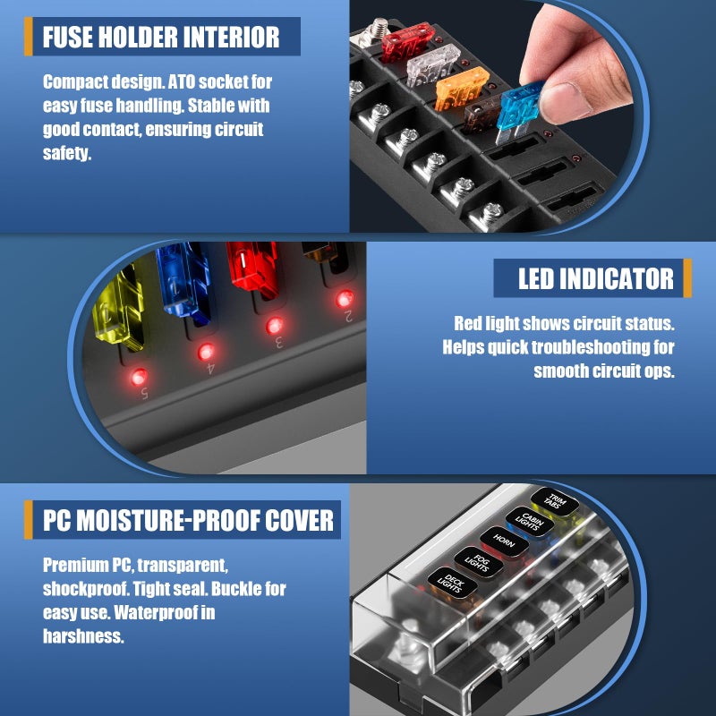 Siapupy 12V/24V 6-Circuit Waterproof Marine Fuse Box with LED Indicator, ATO Blade Fuse Block for Automotive, Marine, Truck, Car, Boat, RV - Image 4