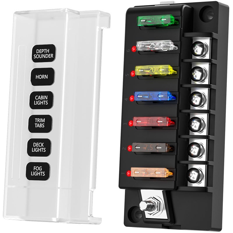 Siapupy 12V/24V 6-Circuit Waterproof Marine Fuse Box with LED Indicator, ATO Blade Fuse Block for Automotive, Marine, Truck, Car, Boat, RV - Image 1