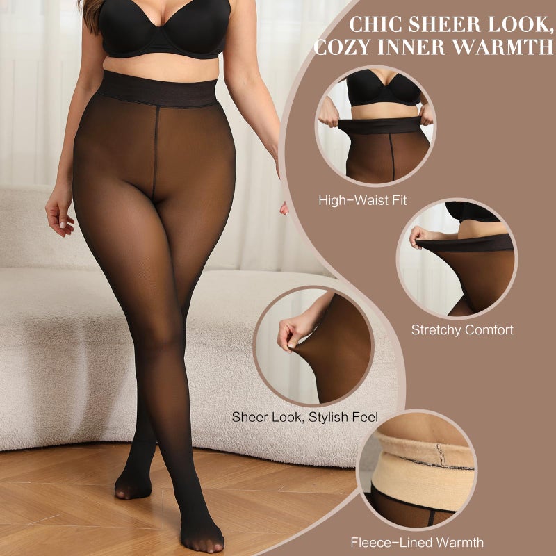 ARRUSA Plus Size Fleece Lined Warm Tights for Women - Winter Thermal Pantyhose Fake Translucent Leggings for Queen Size Lady - Image 2