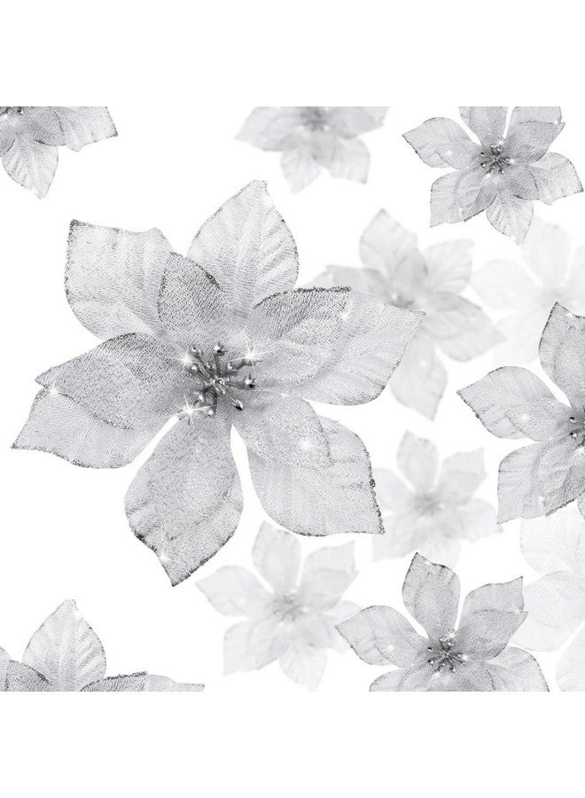 WILLBOND WILLBOND 36 Pcs 3 Size Christmas Poinsettia Christmas Tree Flowers Glitter Faux Flowers Decoration Artificial Poinsettia Ornaments for Christmas New Year Home Outdoor Decoration (Silver,3/4/ 6 inch)  - Image 1