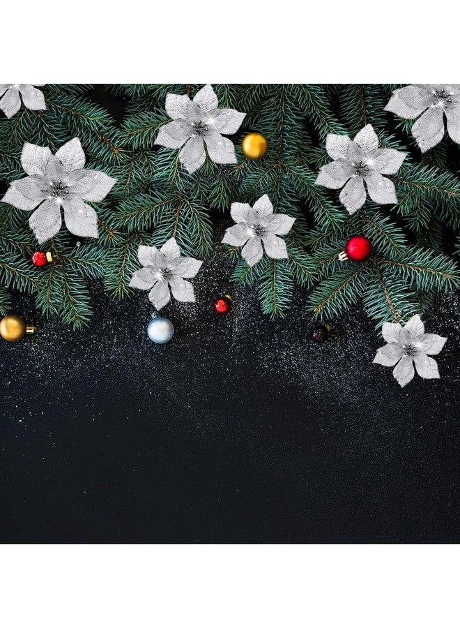 WILLBOND WILLBOND 36 Pcs 3 Size Christmas Poinsettia Christmas Tree Flowers Glitter Faux Flowers Decoration Artificial Poinsettia Ornaments for Christmas New Year Home Outdoor Decoration (Silver,3/4/ 6 inch)  - Image 5