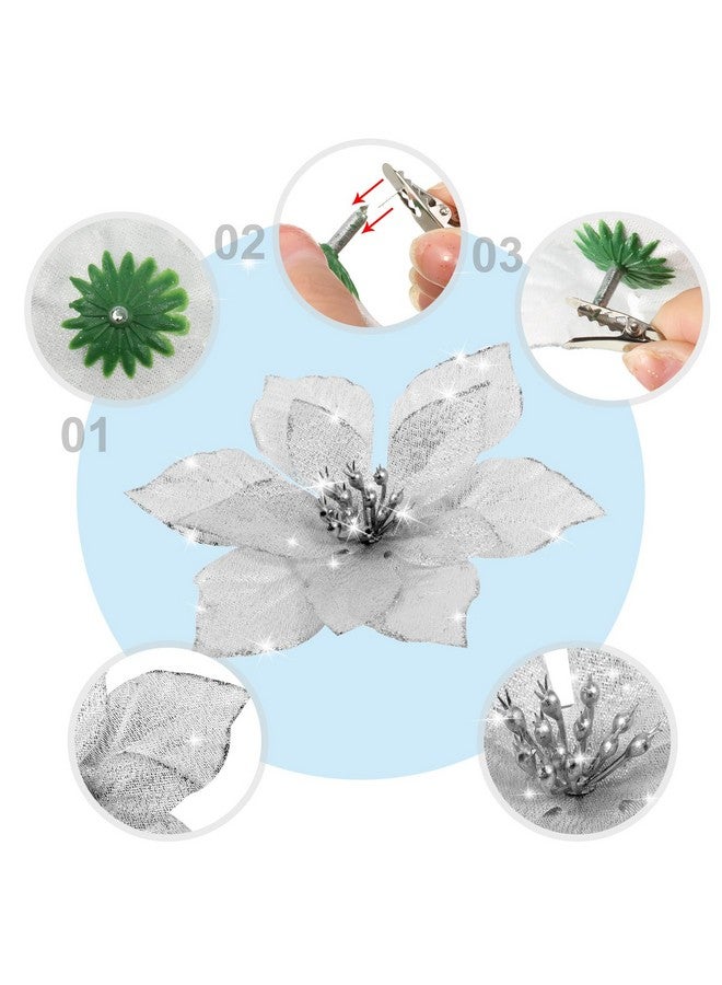 WILLBOND WILLBOND 36 Pcs 3 Size Christmas Poinsettia Christmas Tree Flowers Glitter Faux Flowers Decoration Artificial Poinsettia Ornaments for Christmas New Year Home Outdoor Decoration (Silver,3/4/ 6 inch)  - Image 3