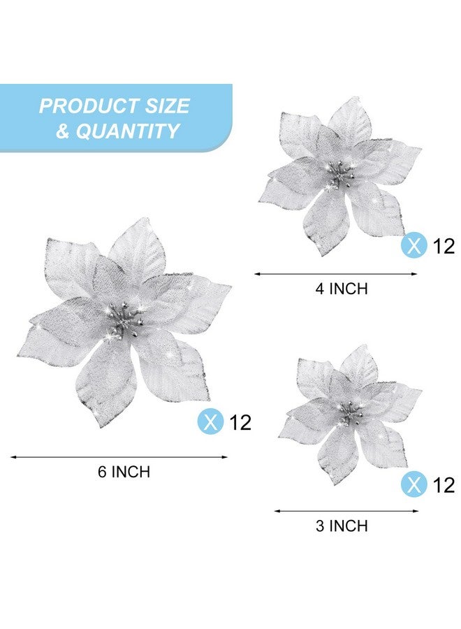 WILLBOND WILLBOND 36 Pcs 3 Size Christmas Poinsettia Christmas Tree Flowers Glitter Faux Flowers Decoration Artificial Poinsettia Ornaments for Christmas New Year Home Outdoor Decoration (Silver,3/4/ 6 inch)  - Image 2