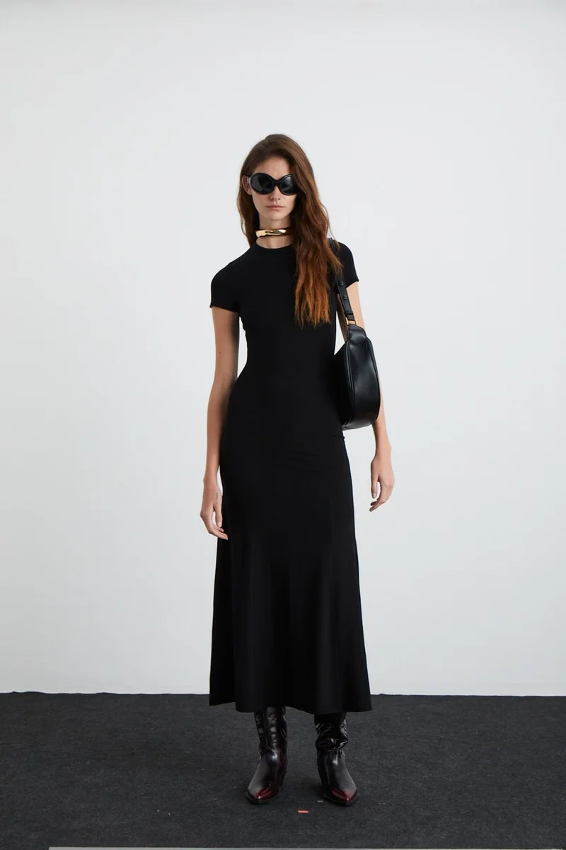 جريميلانج Brılyn Women's Viscose Round Neck Slim Fit Black Dress