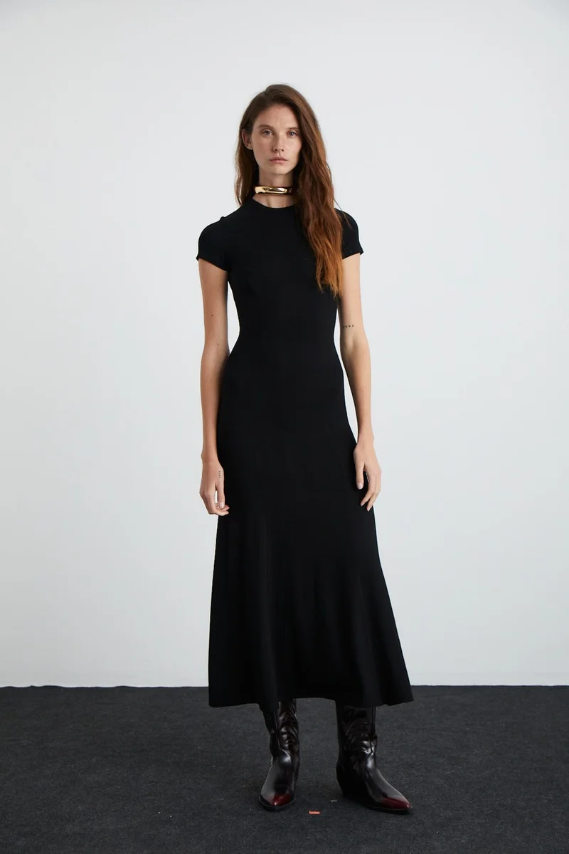 جريميلانج Brılyn Women's Viscose Round Neck Slim Fit Black Dress