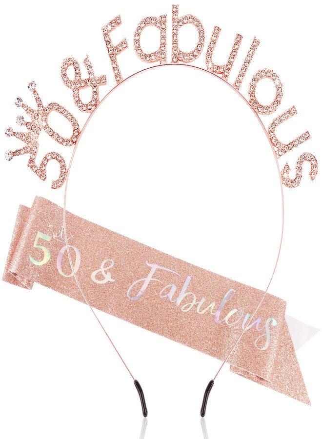 Atoden 50th Decorations Rose Gold 50 and Fabulous Headband Sash 50 Year Old Gifts for Women Tiara - Image 1