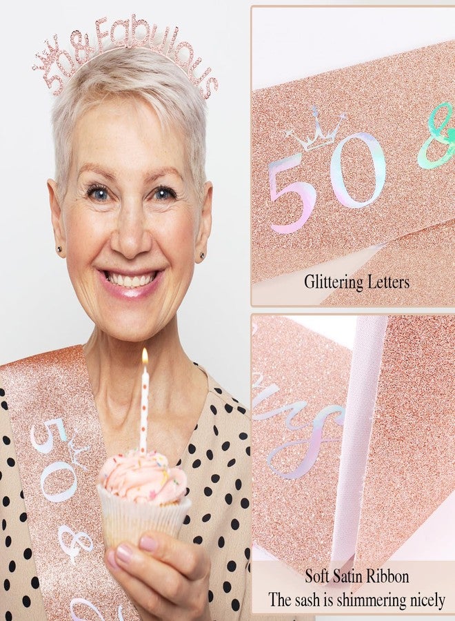Atoden 50th Decorations Rose Gold 50 and Fabulous Headband Sash 50 Year Old Gifts for Women Tiara - Image 5