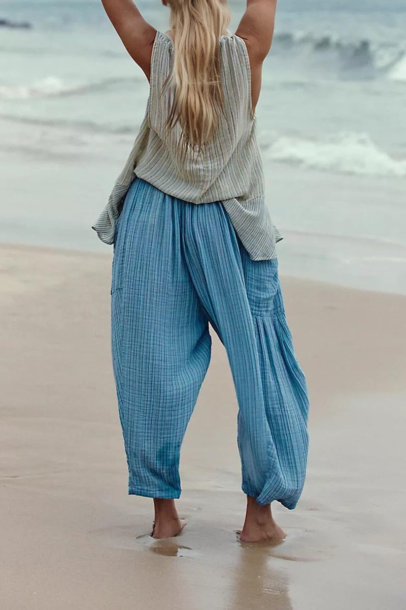 2026 Noon European and American Women's Fashion Elastic Waist Pleated High-Waisted Wide Leg Pants Loose Casual Cotton-Linen Long  Pants