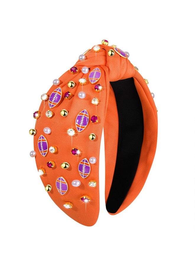 NVENF Football Headband, Women Football Mom Accessories Game Day Football Knotted Headband Jeweled Rhinestone Crystal Wide Top Knot Sport Headband (Orange) - Image 1