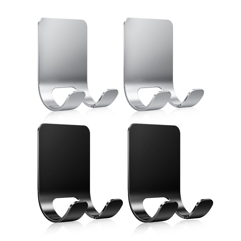 Rnodoilkfly 4Pcs Razor Holder, Shaver Hook Hanger, Multipurpose Self Adhesive Double Hooks, Silver Black Stainless Steel Shower Hooks, For Bathroom and Kitchen Storage, Includes Loofah, Towel, Plug, Clothes - Image 1