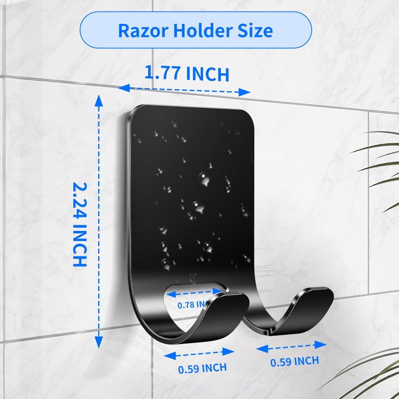 Rnodoilkfly 4Pcs Razor Holder, Shaver Hook Hanger, Multipurpose Self Adhesive Double Hooks, Silver Black Stainless Steel Shower Hooks, For Bathroom and Kitchen Storage, Includes Loofah, Towel, Plug, Clothes - Image 2