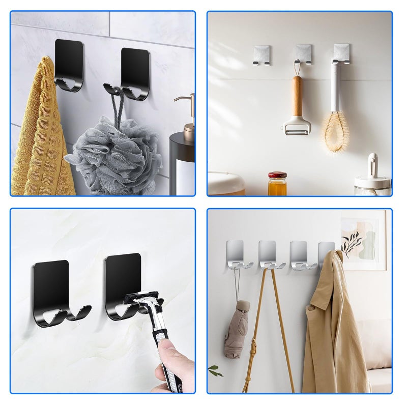 Rnodoilkfly 4Pcs Razor Holder, Shaver Hook Hanger, Multipurpose Self Adhesive Double Hooks, Silver Black Stainless Steel Shower Hooks, For Bathroom and Kitchen Storage, Includes Loofah, Towel, Plug, Clothes - Image 5
