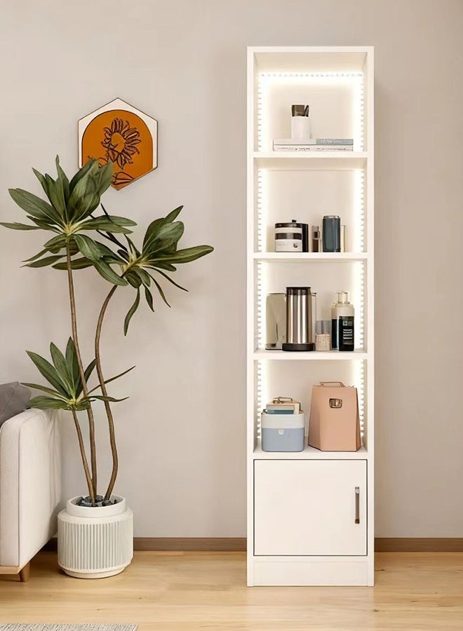 JCB CHIC 70“H White Bookshelf with LED Light,Freestanding Bookcase with 1 Storage Cabinets and 4 Tier Shelves,Corner Display Storage Cabinet,Floor Standing Storage Shelves for Bedroom, Living Room and Office - Image 1