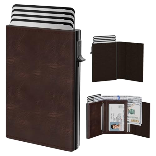 typecase محفظة رجال من تايب كيس: علبة ألومنيوم قابلة للفتح، جلد طبيعي، ذكي، مانع RFID، نحيف، بسيط، جيب أمامي - سعة 9-14 بطاقة | نافذة هوية | فتحة نقدية - بني شمعي - Image 1