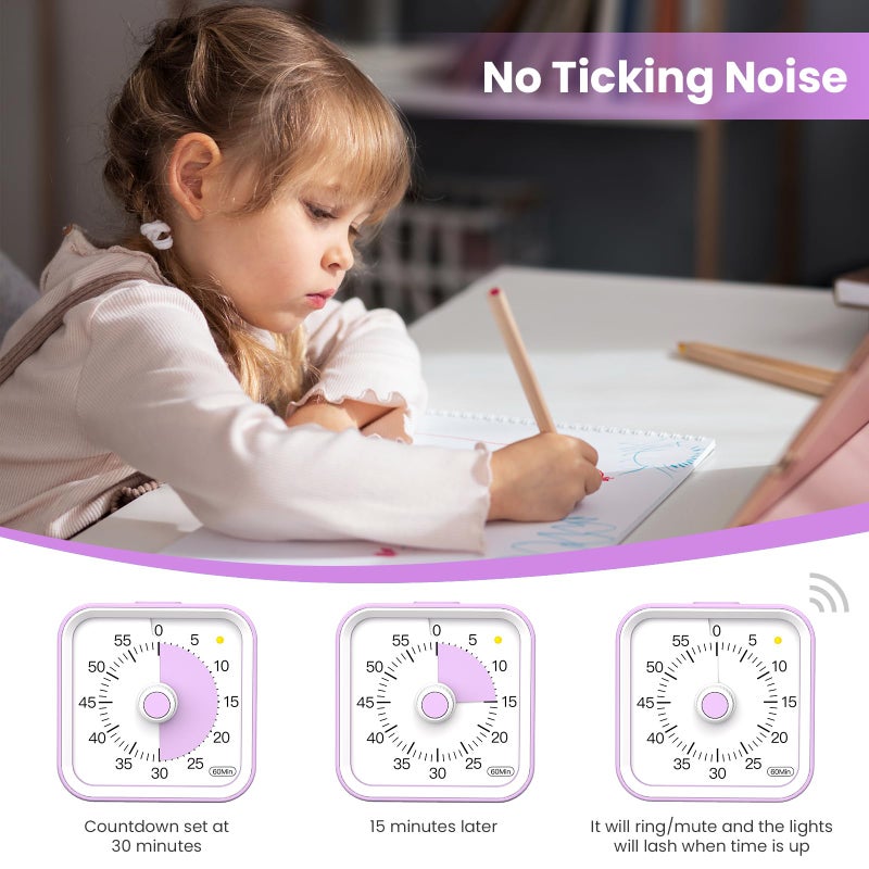 InfPokid Visual Timer for Kids with Pause Function, 60 Minute Countdown Timer for Kids Desk Study, Teaching, Kitchen Cooking, Office Meetings, Time Management for ADHD (Purple) - Image 5
