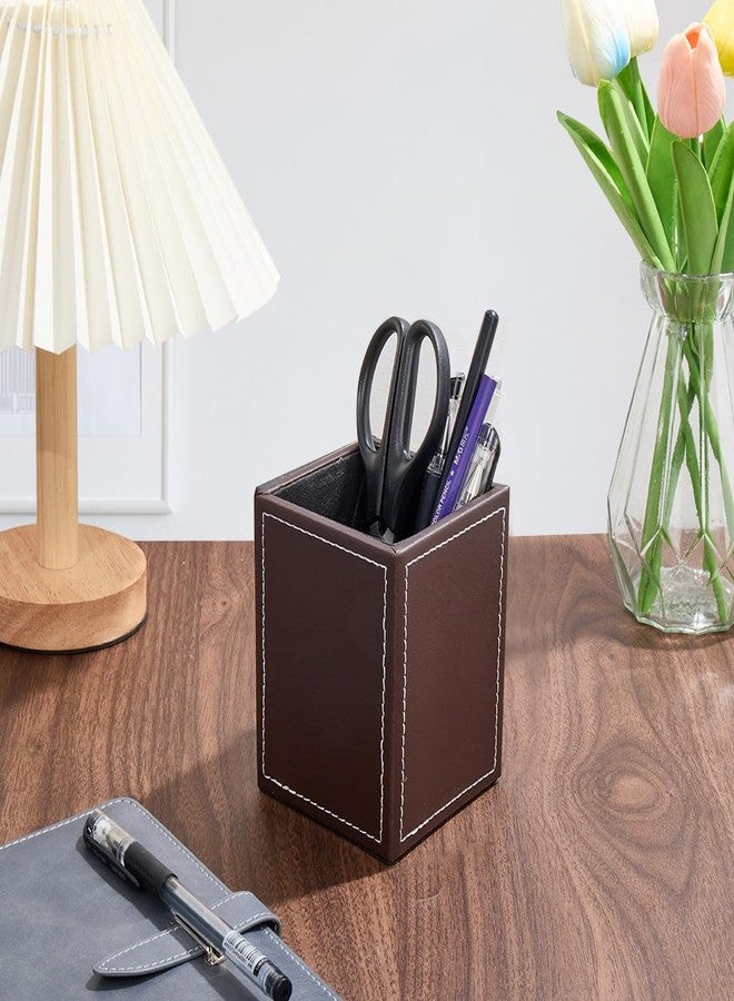 CALFOVERA Square PU Leather Pen Holder for Desk Multifunctional Pencil Cup Control Stand Decor Container Desktop Organizer Stationery Storage Case for Office Brush Scissor(Dark Brown) - Image 3