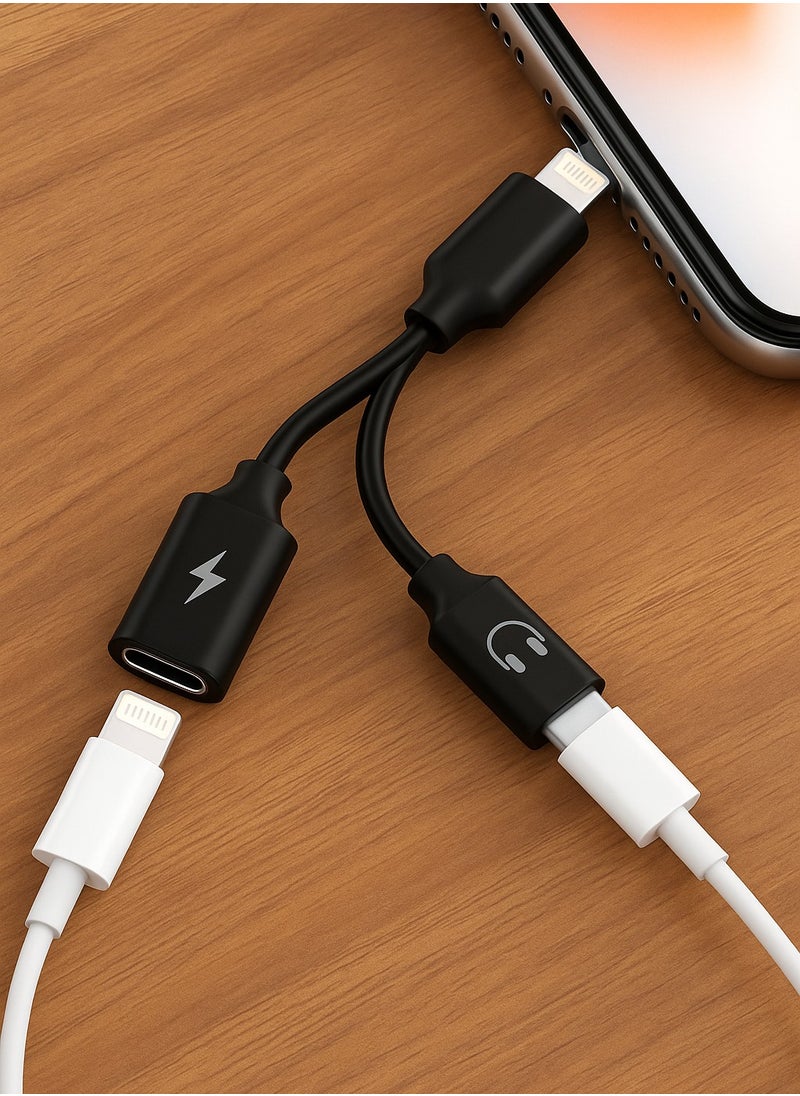 Generic - Lightning to Dual Lightning Adapter [Apple MFI Certified] 2 in 1 OTG Audio & Charging – 10cm, Black - Image 1