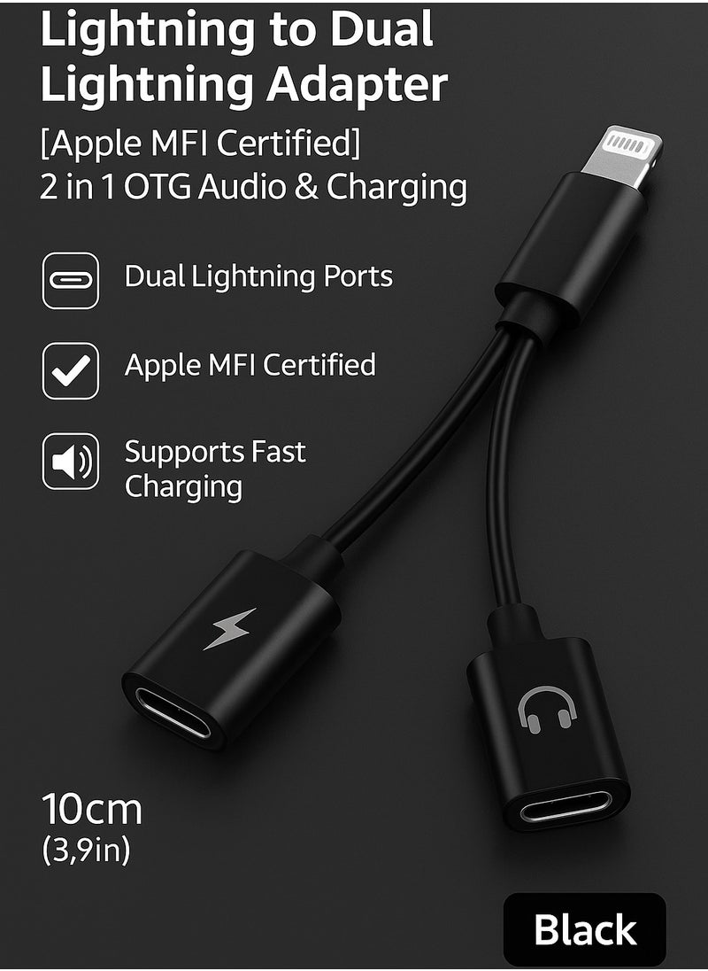 Generic - Lightning to Dual Lightning Adapter [Apple MFI Certified] 2 in 1 OTG Audio & Charging – 10cm, Black - Image 1