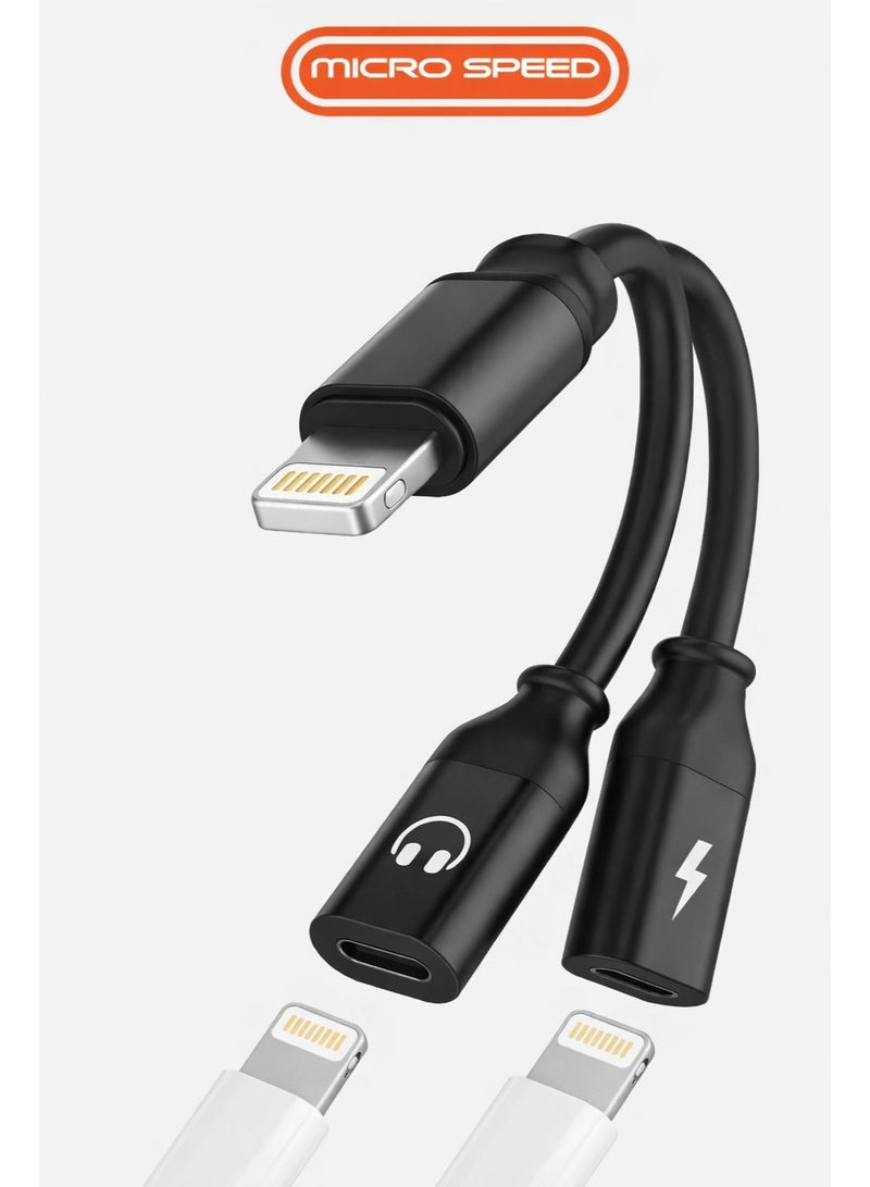 micro speed Lightning to Dual Lightning Adapter [Apple MFI Certified] 2 in 1 OTG Audio & Charging – 10cm, Black - Image 1