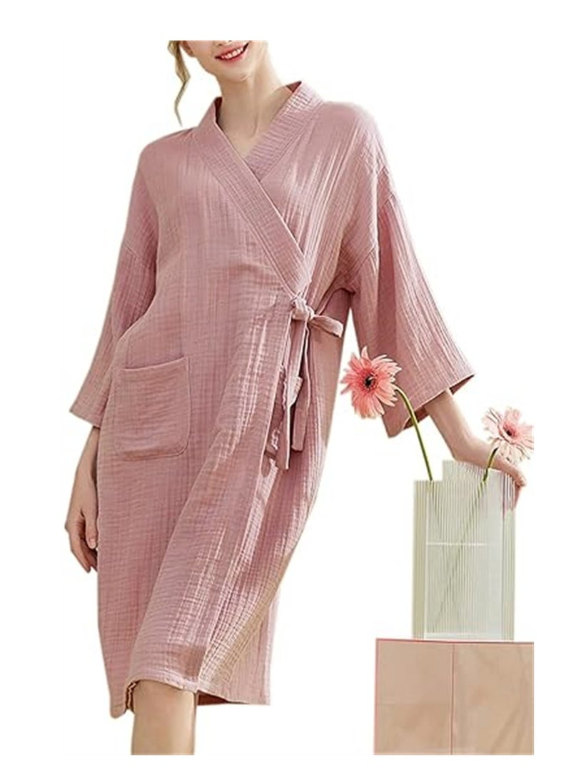 SYOSI - Womens Cotton Gauze Robe Soft Lightweight Kimono Maternity Bathrobe Loungewear Lounging Relaxed Bathrobe for Home Spa Pink - Image 1