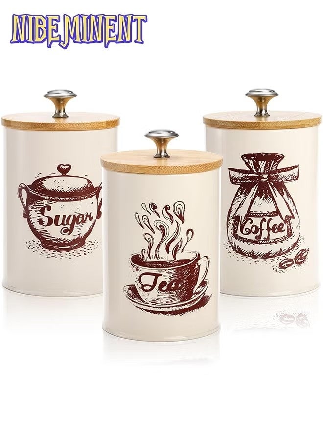 NIBEMINENT Canister Sets for Kitchen Counter, 25 Oz Coffee Sugar Tea Canister Set, Metal Vintage Kitchen Container 3 Pack, Food Storage Containers with Bamboo Lid, Farmhouse Decor, Beige - Image 1
