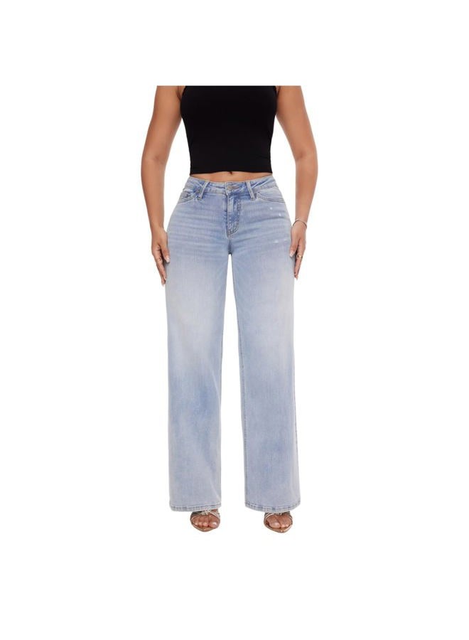 ONESO Mid-Low Rise Baggy Jeans Wide Leg for Women Distressed Pants Stretchy Bottom Lady Basic Comfortable Denim, Light Blue, 24 Plus - Image 1