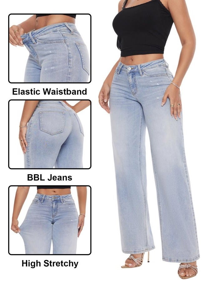 ONESO Mid-Low Rise Baggy Jeans Wide Leg for Women Distressed Pants Stretchy Bottom Lady Basic Comfortable Denim, Light Blue, 24 Plus - Image 5